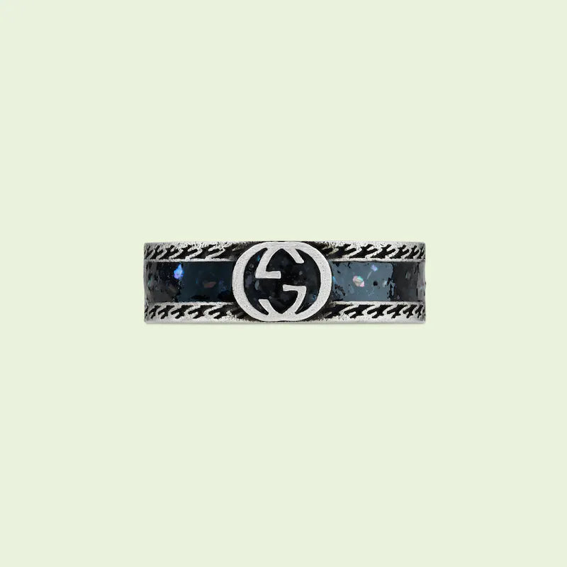 Double G Interlocking G Black Enamel Ring
