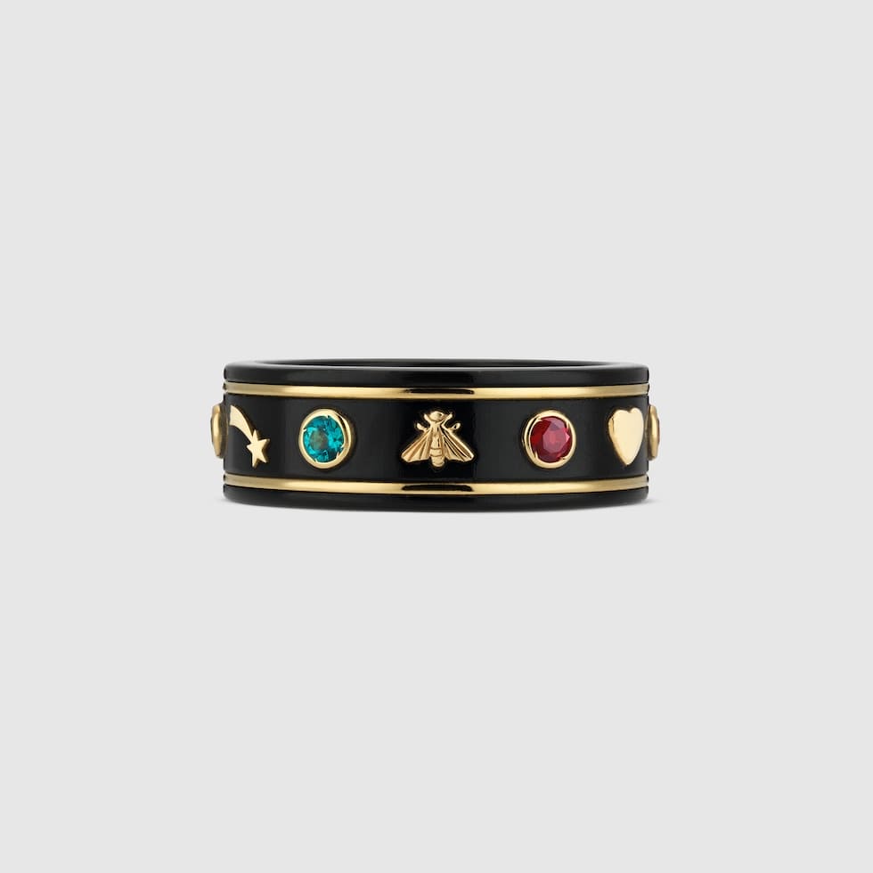 18K Double G Icon With Gemstones Black Corundum Ring