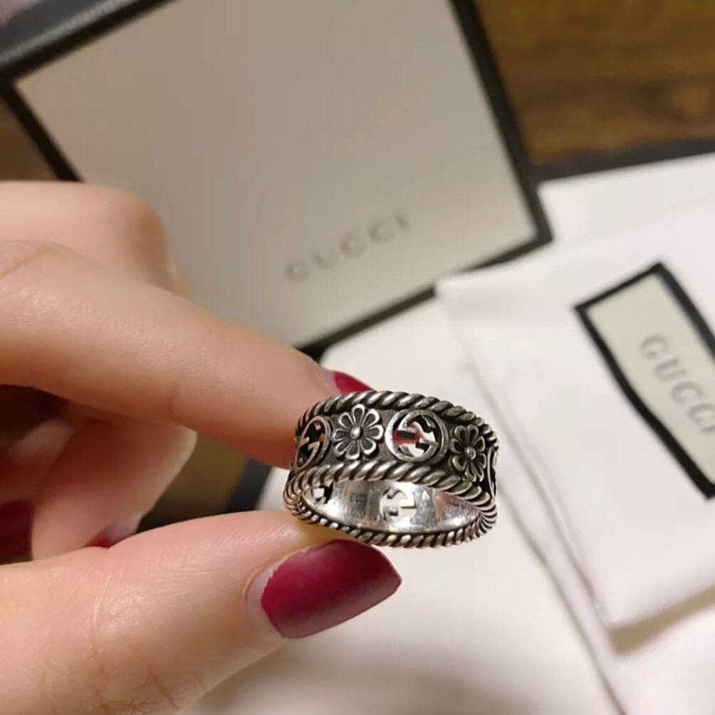 Double G Aged Sterling Silver Interlocking G Flower Ring