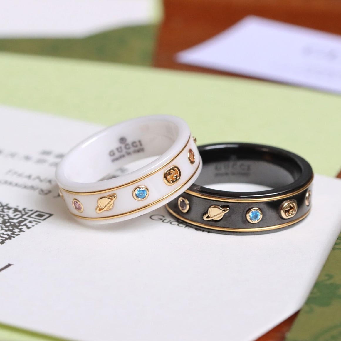 18K Double G Icon With Gemstones Black Corundum Ring