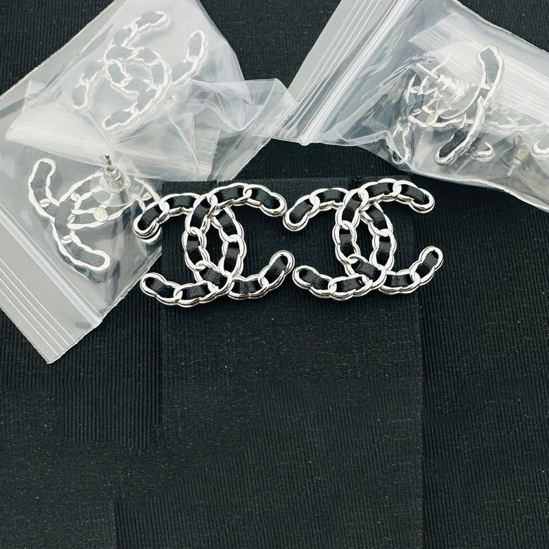 18K CC Black Leather White Gold Earrings