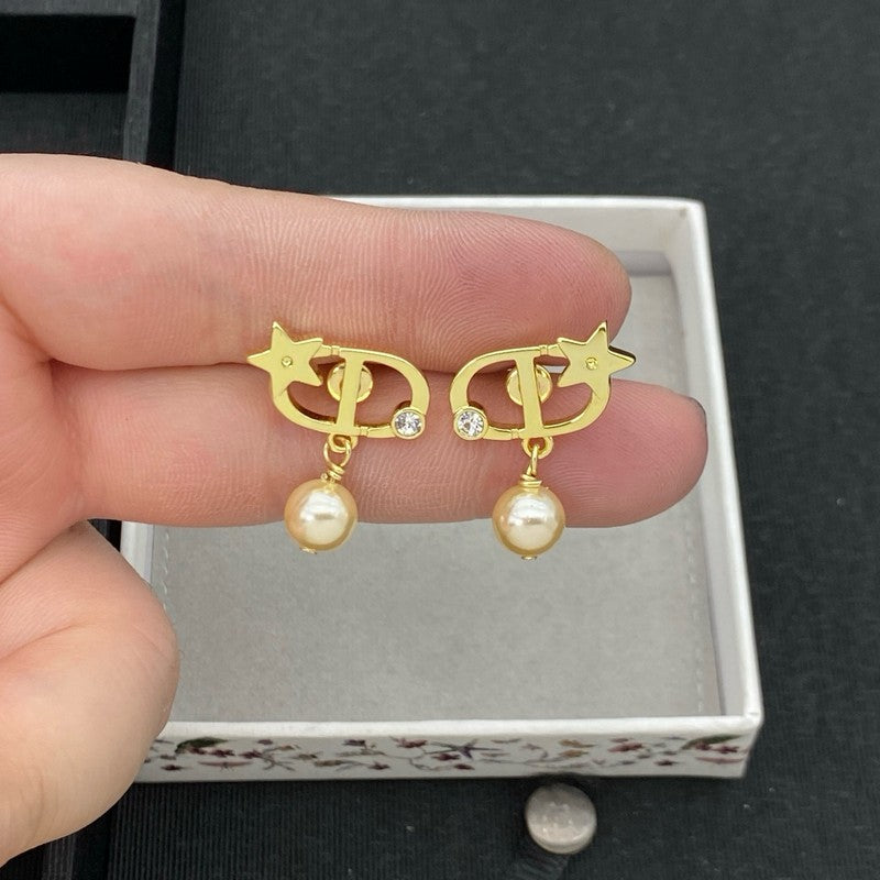 18K CD Star Pearl Drop Earrings