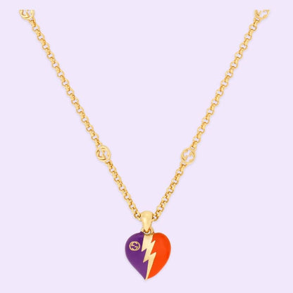 18K GUCCI Interlocking G Heart Lightning Charm Necklace