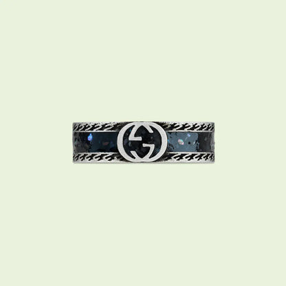 Double G Interlocking G Black Enamel Ring