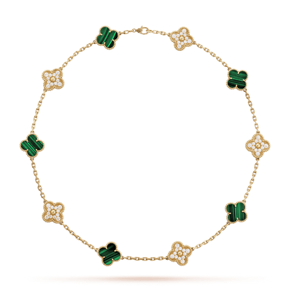 18K Van Cleef & Arpels Vintage Alhambra Malachite Diamonds 10 Motifs Necklace