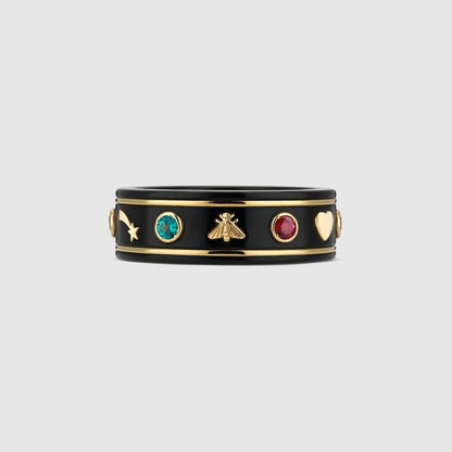 18K Double G Icon With Gemstones Black Corundum Ring