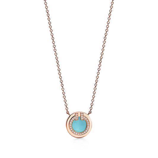 18K T Diamond & Turquoise Circle Pendant Necklace