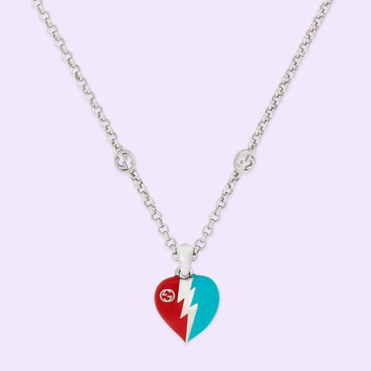 GUCCI Interlocking G Heart Lightning Charm Necklace