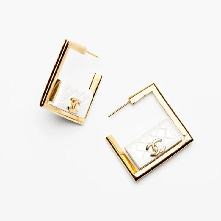 18K CC White Bag Hoop Earrings
