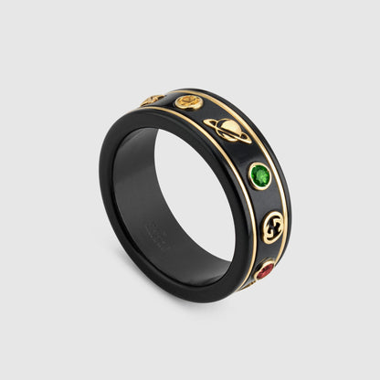 18K Gucci Icon With Gemstones Black Corundum Ring