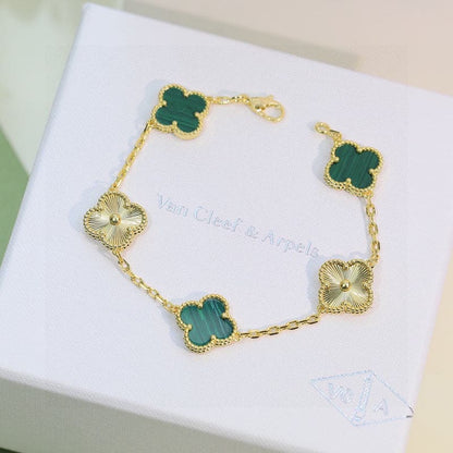 18K Vintage Alhambra Five Motifs Malachite Diamonds Clover Bracelet