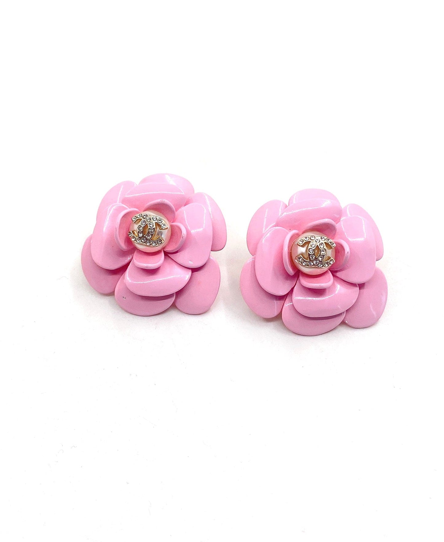 18K CC Pink Camellia Resin Earrings