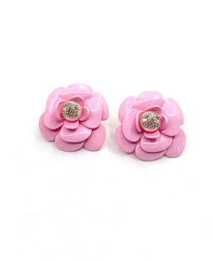 18K CC Pink Camellia Resin Earrings