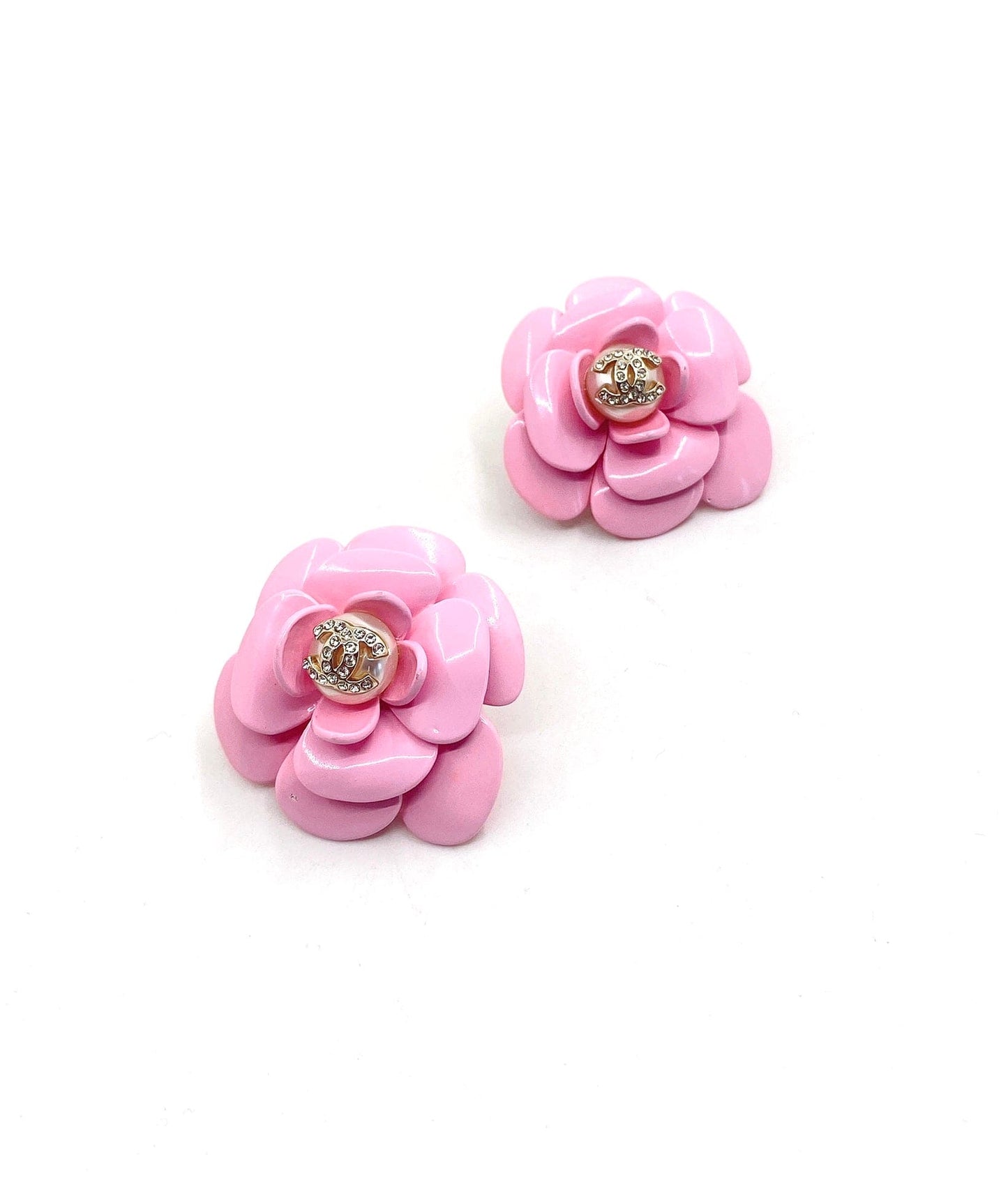 18K CC Pink Camellia Resin Earrings