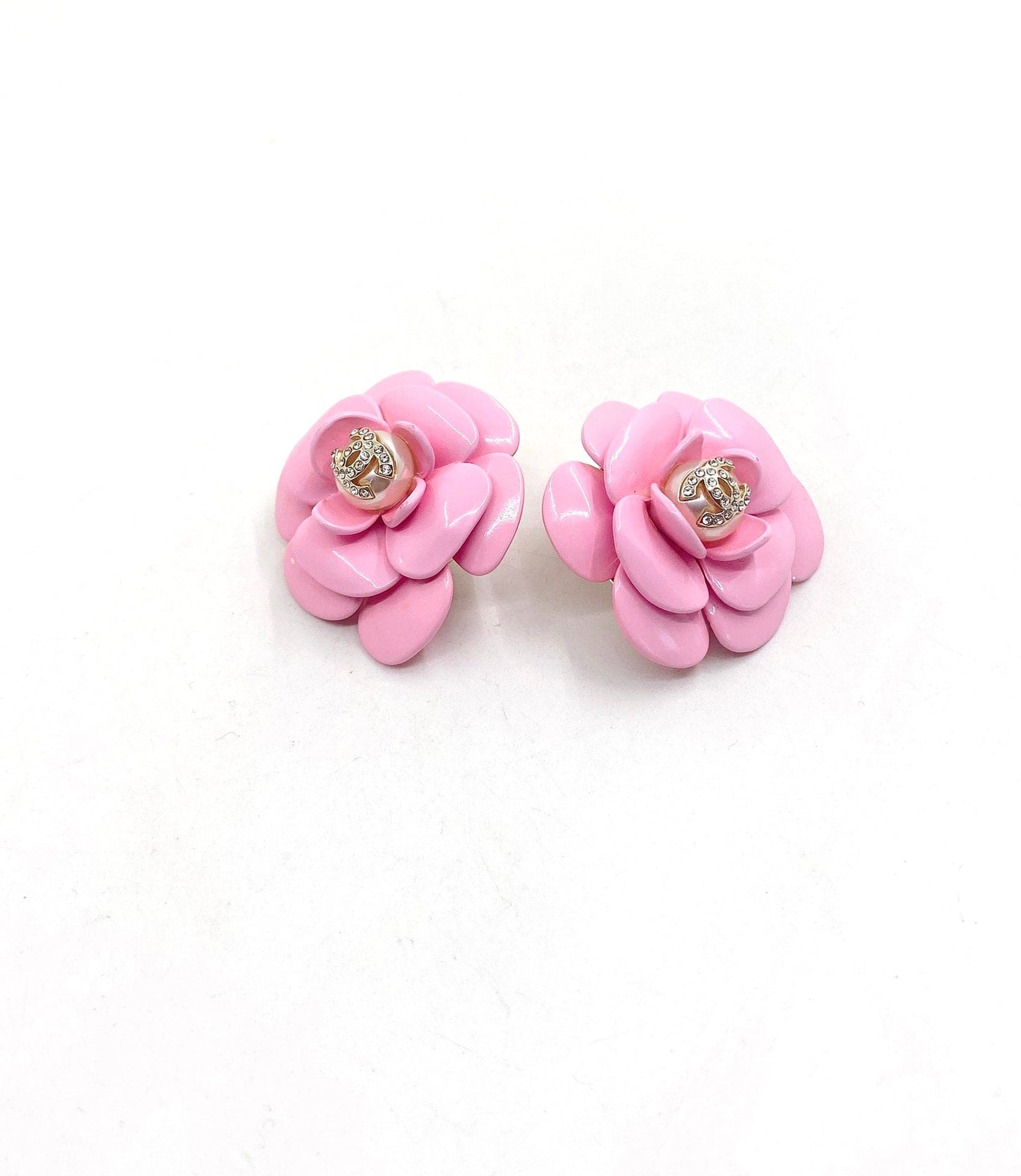 18K CC Pink Camellia Resin Earrings