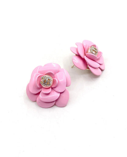 18K CC Pink Camellia Resin Earrings