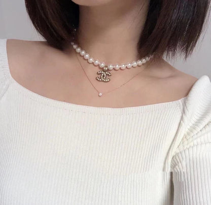 18K CC Diamonds Pearls Necklace