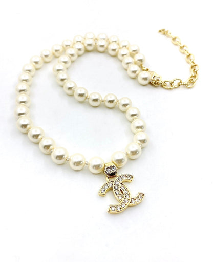 18K CC Diamonds Pearls Necklace