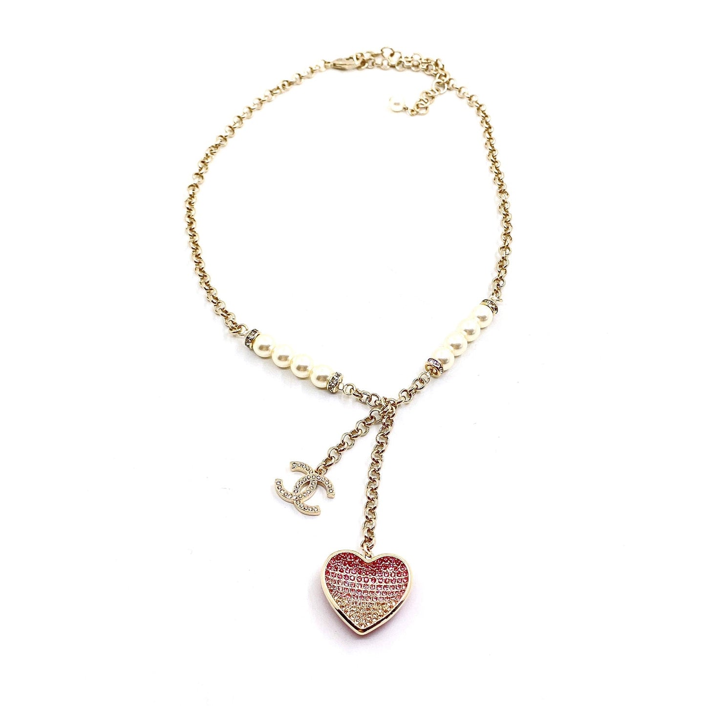 18K CHANEL CC Pink Heart Diamonds Necklace