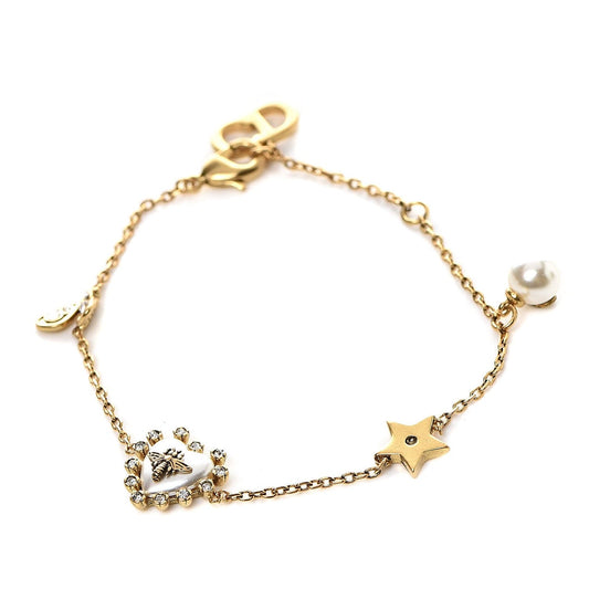 18K Dior CD Crystal Heart Station Charms Bracelet