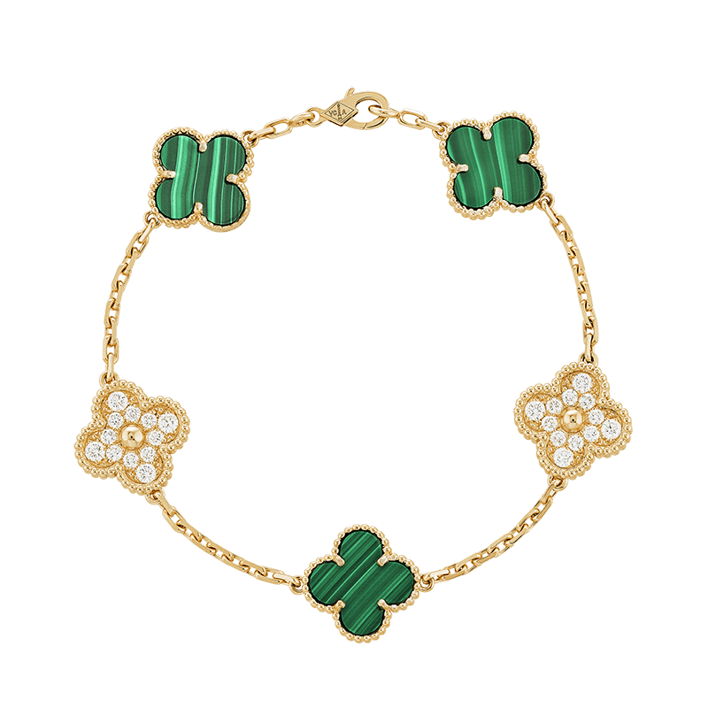 18K Van Cleef & Arpels Vintage Alhambra Five Motifs Malachite Diamonds Bracelet