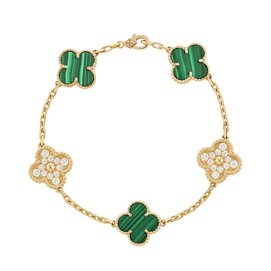 18K Van Cleef & Arpels Vintage Alhambra Five Motifs Malachite Diamonds Bracelet