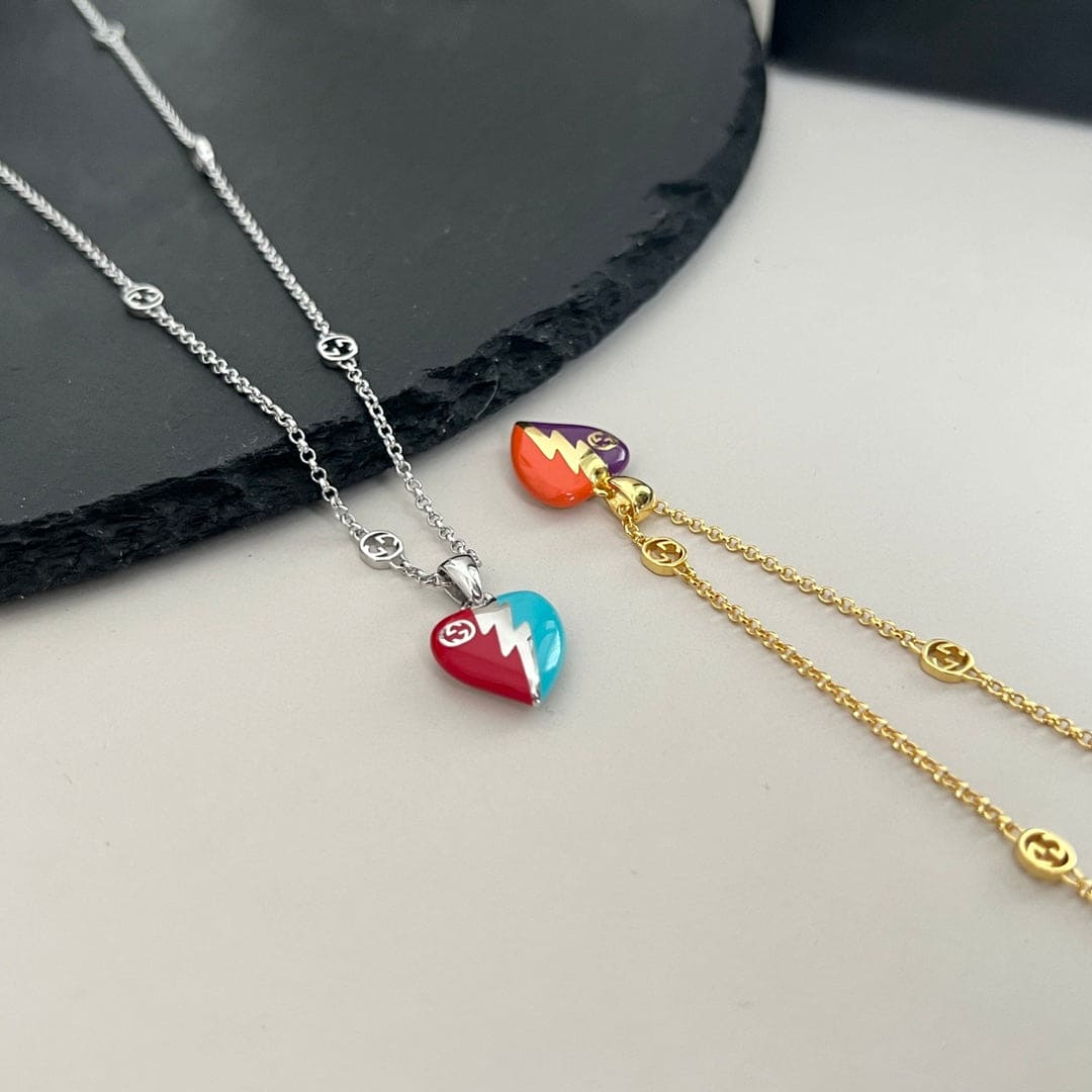 18K Double G Interlocking G Heart Lightning Charm Necklace