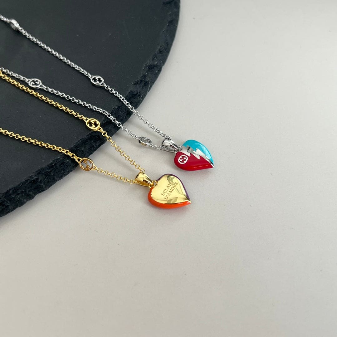 18K Double G Interlocking G Heart Lightning Charm Necklace