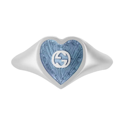 Bague double G entrelacée en forme de cœur en émail bleu