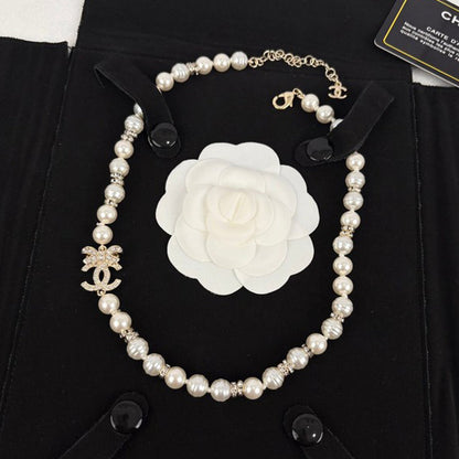 18K CC Bow Diamond Pearl Necklace
