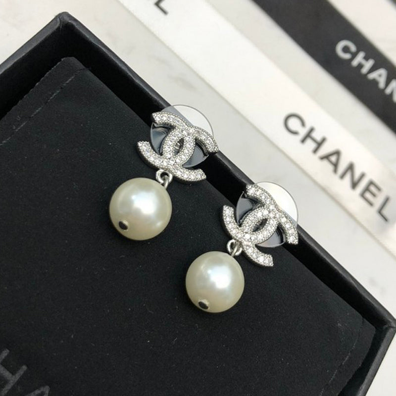 CC Diamond & Pearl Drop Earrings