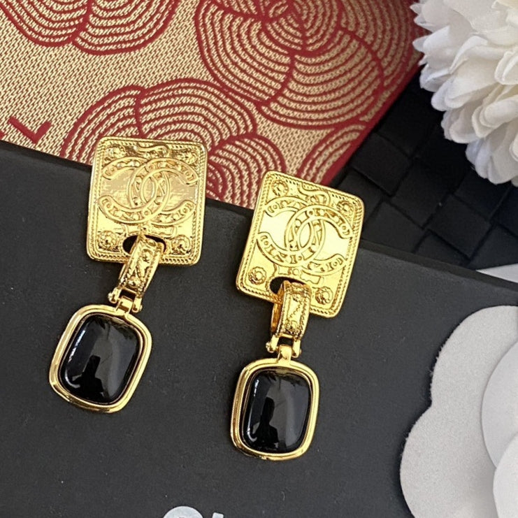 18K CC Black Crystal Earrings