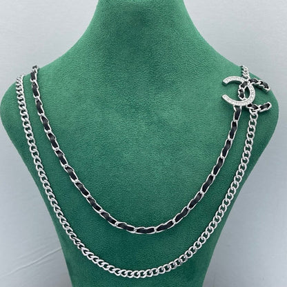 18K CC Black Leather Chain Necklace