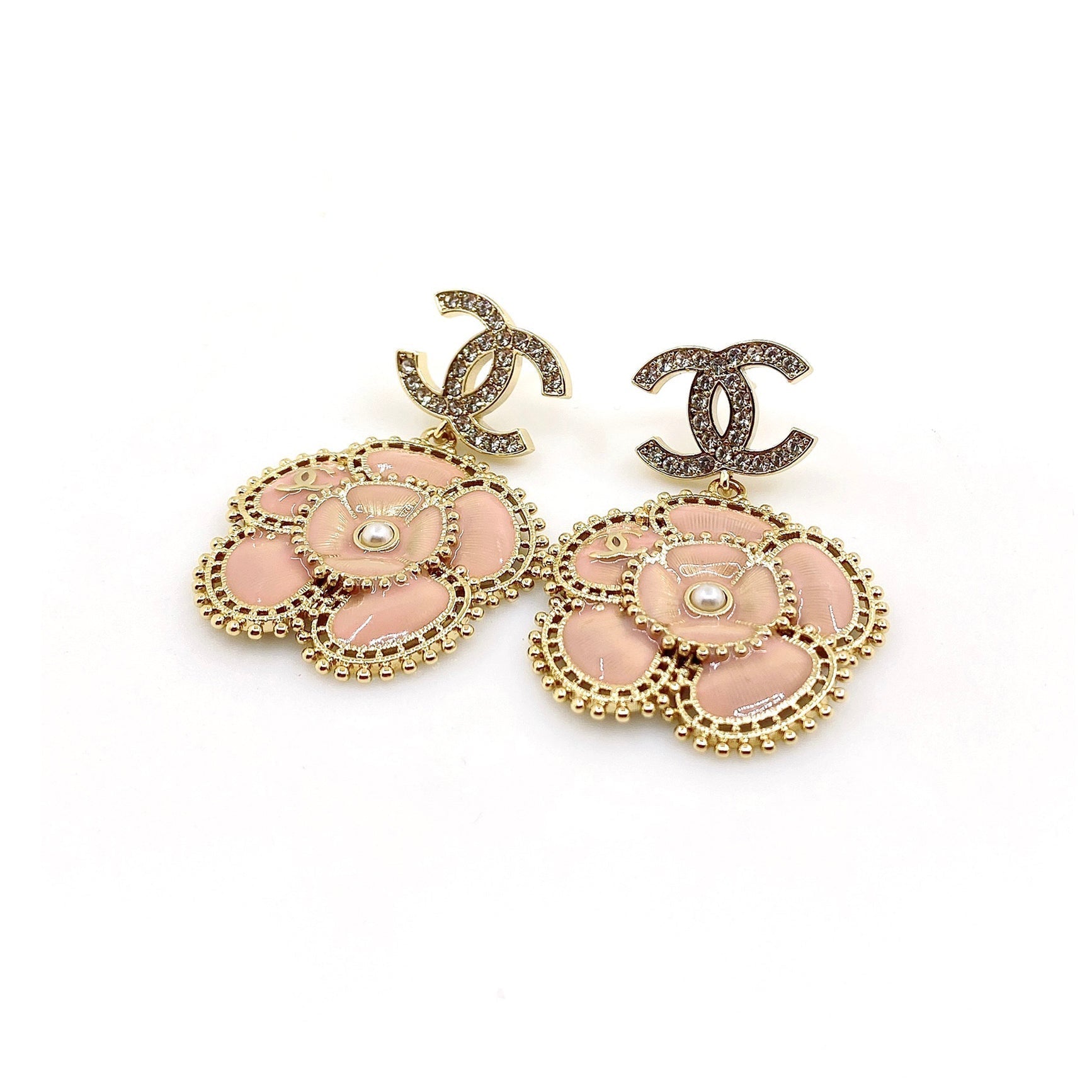 18k CHANEL CC Pink Flower Earrings