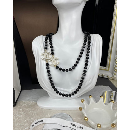 18K CC 23A Black Bead Long Necklace
