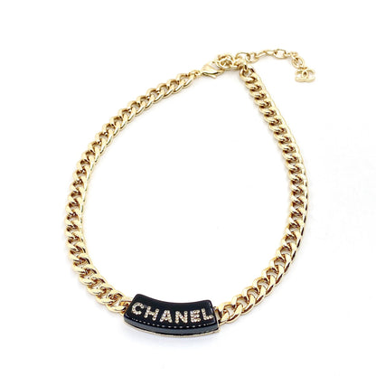 18K CHANEL Black Logo Chain Necklace