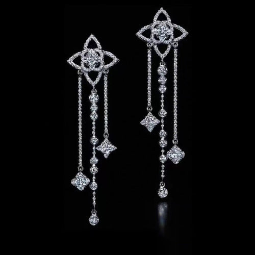18K Louis Diamond Flowers Long Earrings