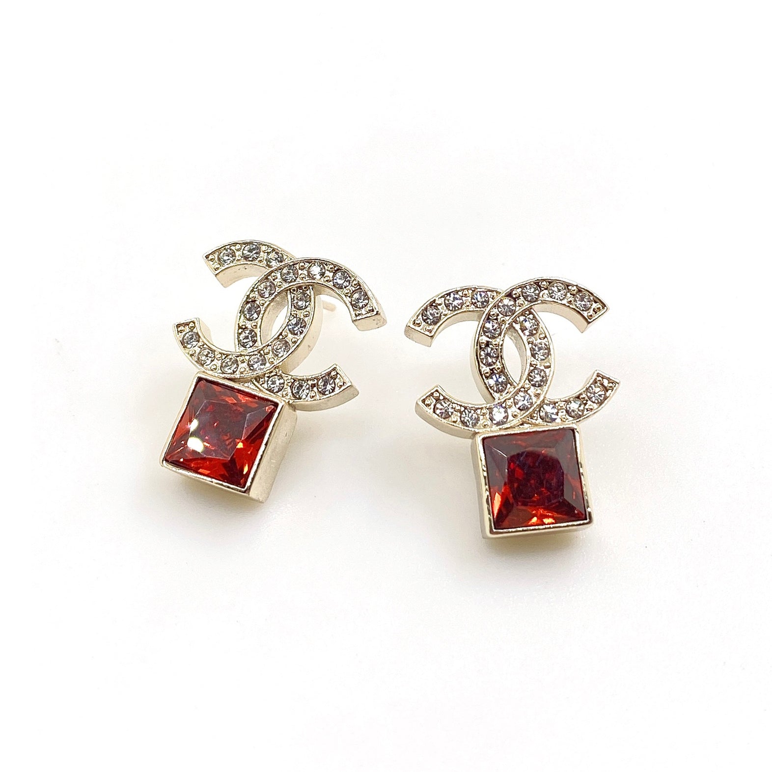 18k CHANEL CC Red Crystal Earrings