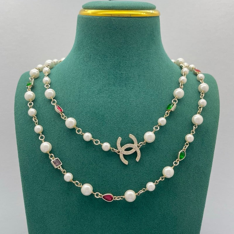 CC Color Crystal Pearl Long Necklace
