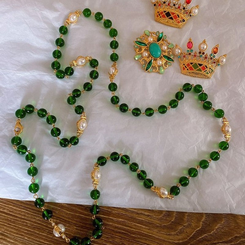 CC Long Green & White Pearls Necklace
