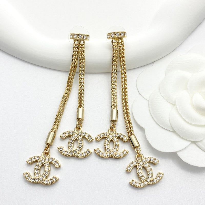 18K CC Long Tassel Diamond Earrings