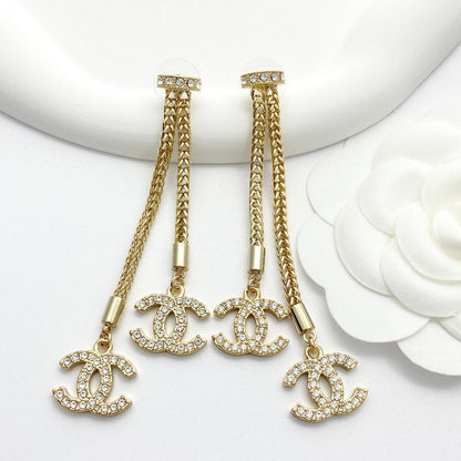 18K CC Long Tassel Diamond Earrings