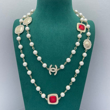 18K CC Red Crystal Pearl Long Necklace