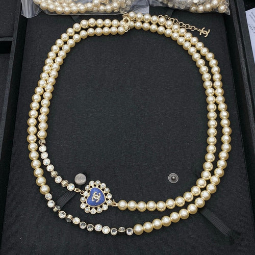 18K CC Blue Pearl Heart Long Necklace