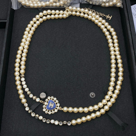 18K CC Blue Pearl Heart Long Necklace