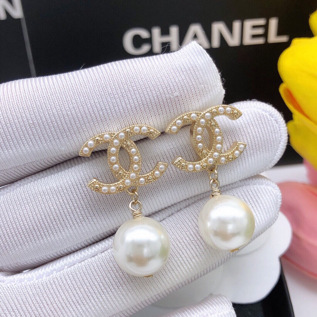 18K CC Pearl Drop Earrings