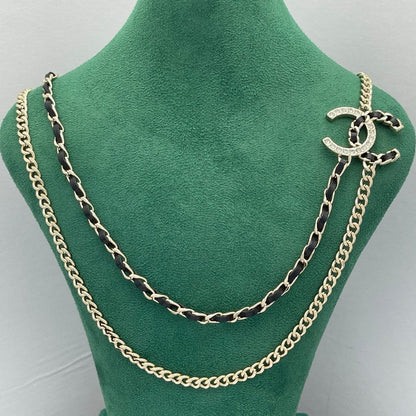 18K CC Black Leather Chain Necklace
