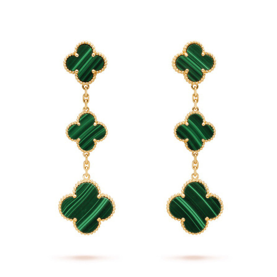 18k Van Cleef & Arpels Magic Alhambra Three Malachite Motifs Earrings