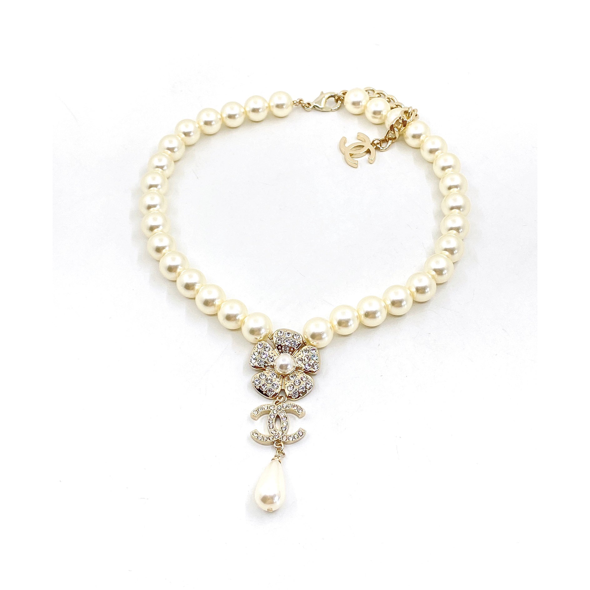 18K CHANEL CC Pearls Chain Choker Necklace