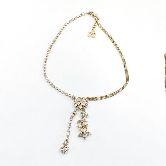 18K CHANEL Heart Crystals Chain Necklace